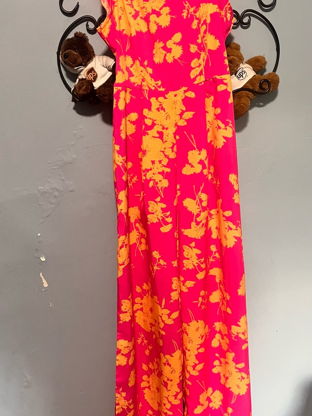 Bright Pink Wide Leg Jumpsuit with Yellow Floral Print
